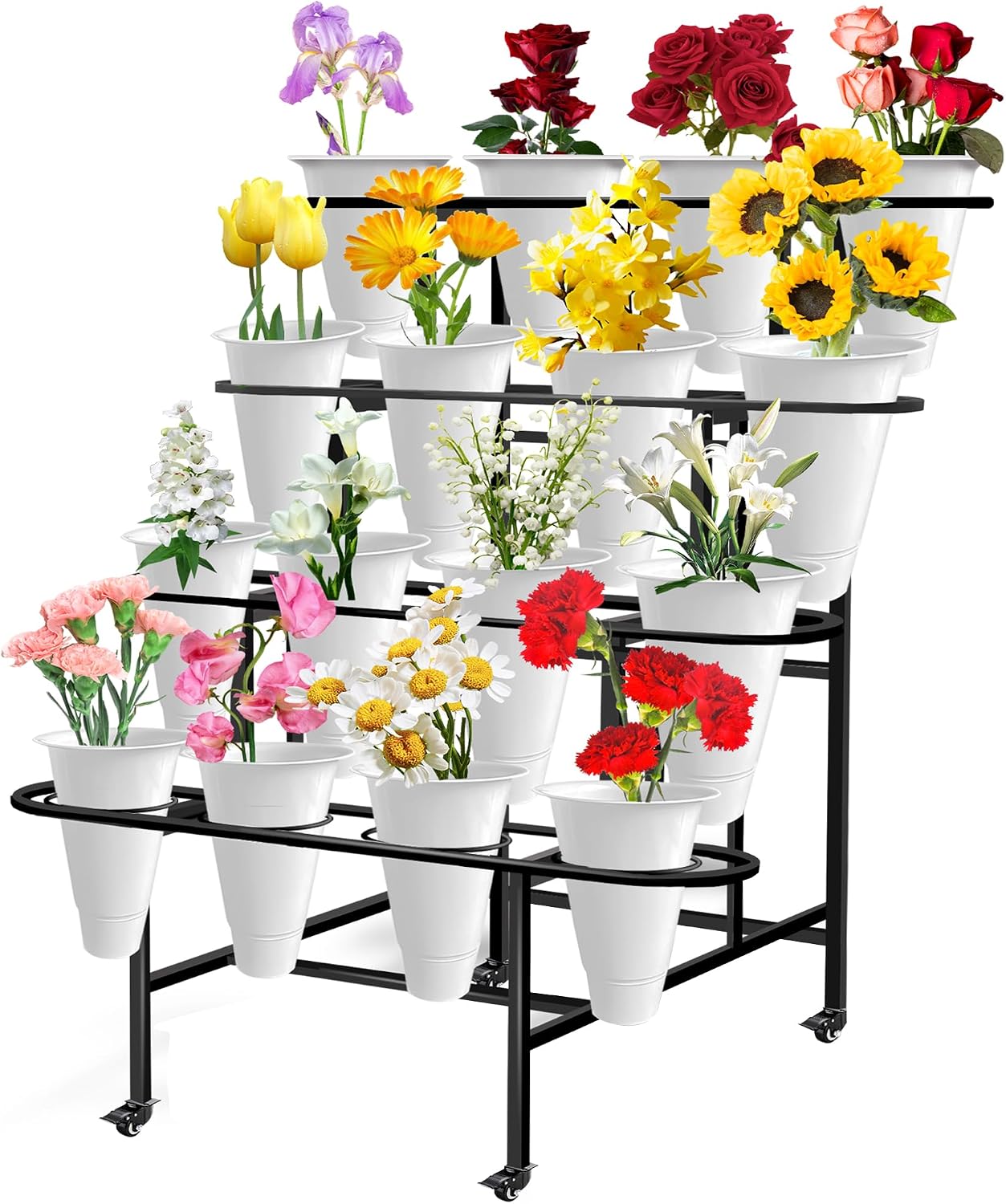 Soporte flores 16 cubos 4 capas ruedas metal negro