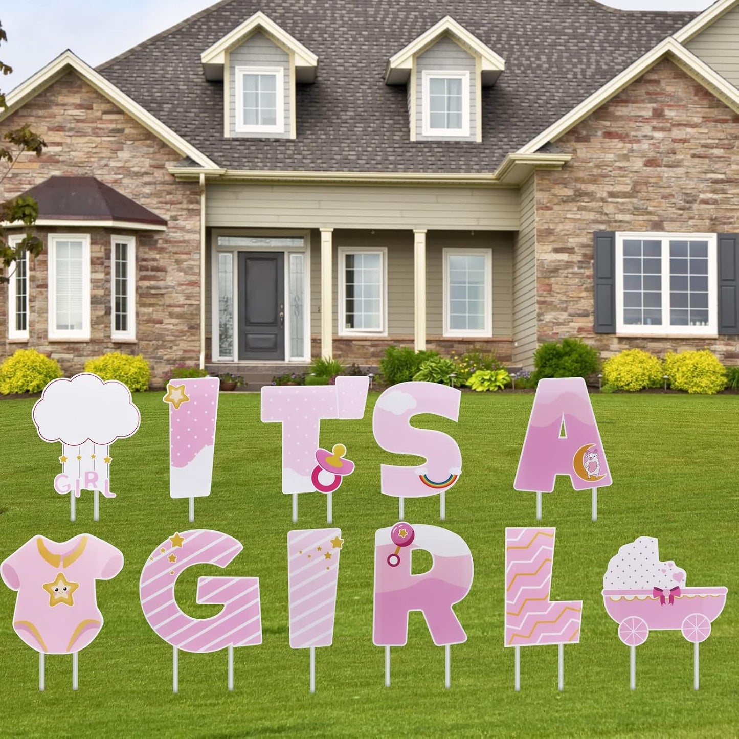 11 Carteles Patio Rosa con Estacas Impermeables UV Baby Shower