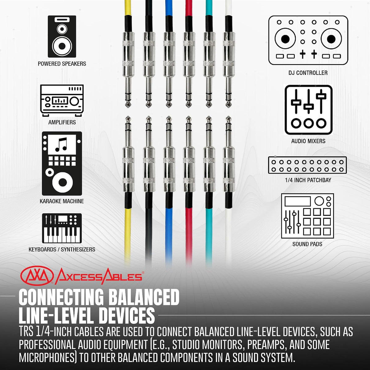 Cables TRS equilibrados 1/4pulg 2ft multicolor set 6