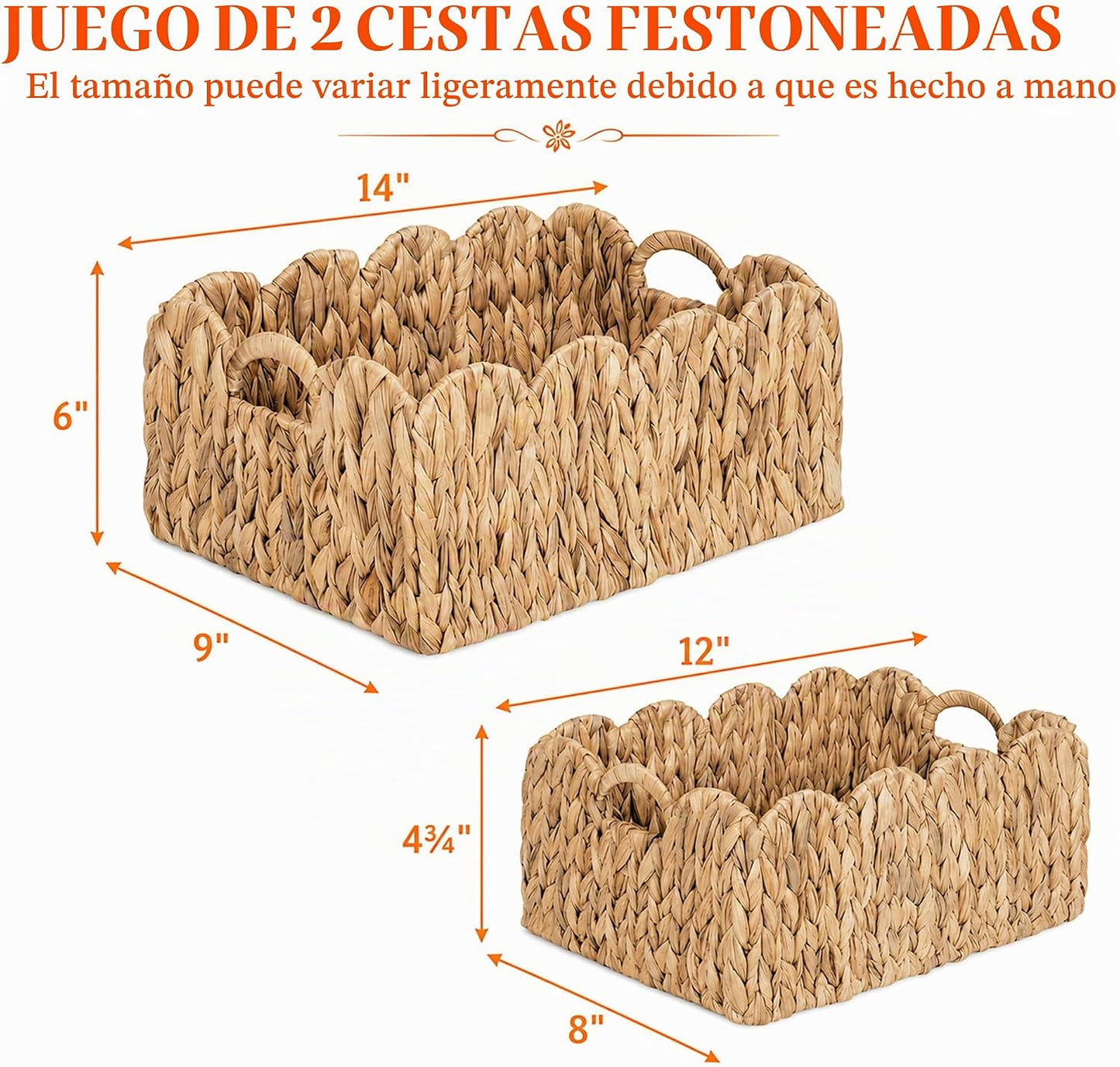 2 Pzas Cesta Ratán Festoneada con Asas para Estante