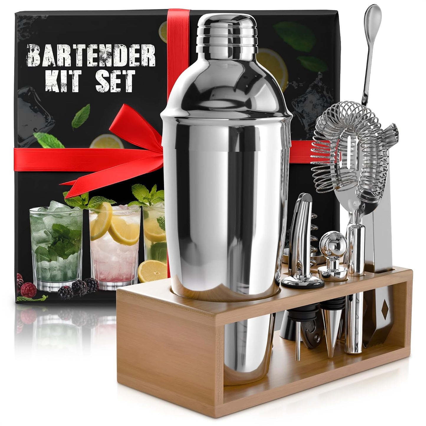 Set 10 Cocteleras Acero Inox con Accesorios Organizador Madera