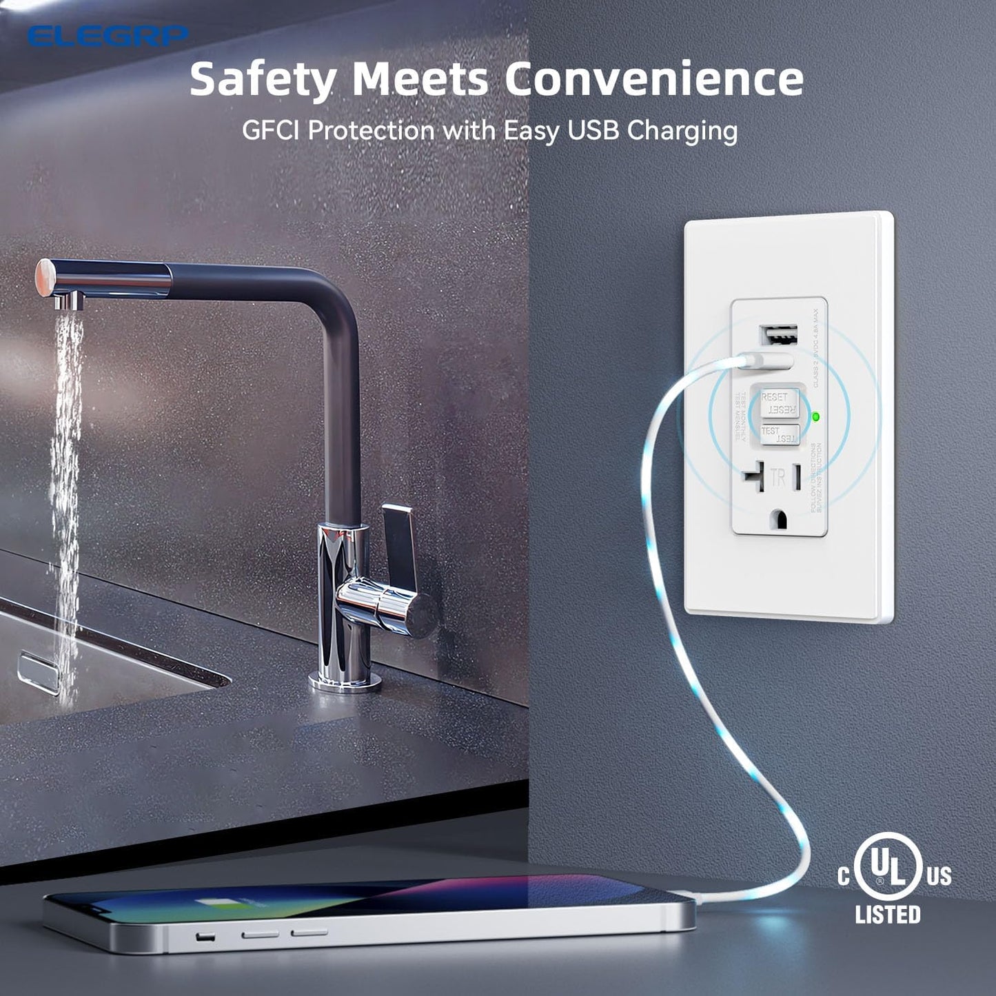 Salida GFCI con puertos USB 24 W certificada