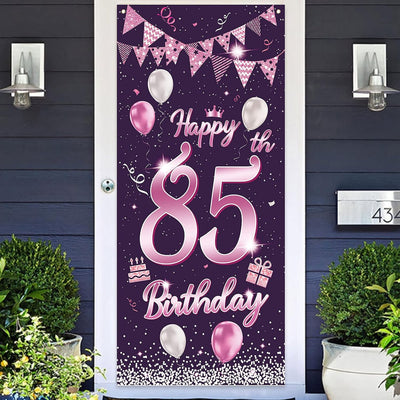 Cartel feliz cumpleaños 85 años globos rosa decoración puerta