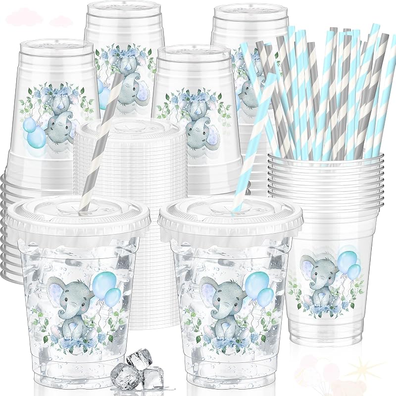 50 Pzas Vasos Plástico Baby Shower 12oz con Tapas Pajitas