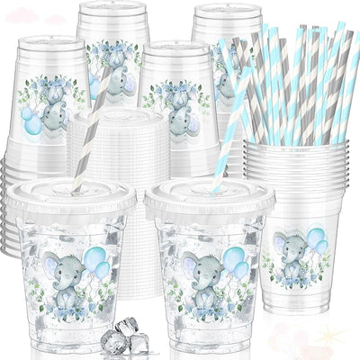 50 Pzas Vasos Plástico Baby Shower 12oz con Tapas Pajitas