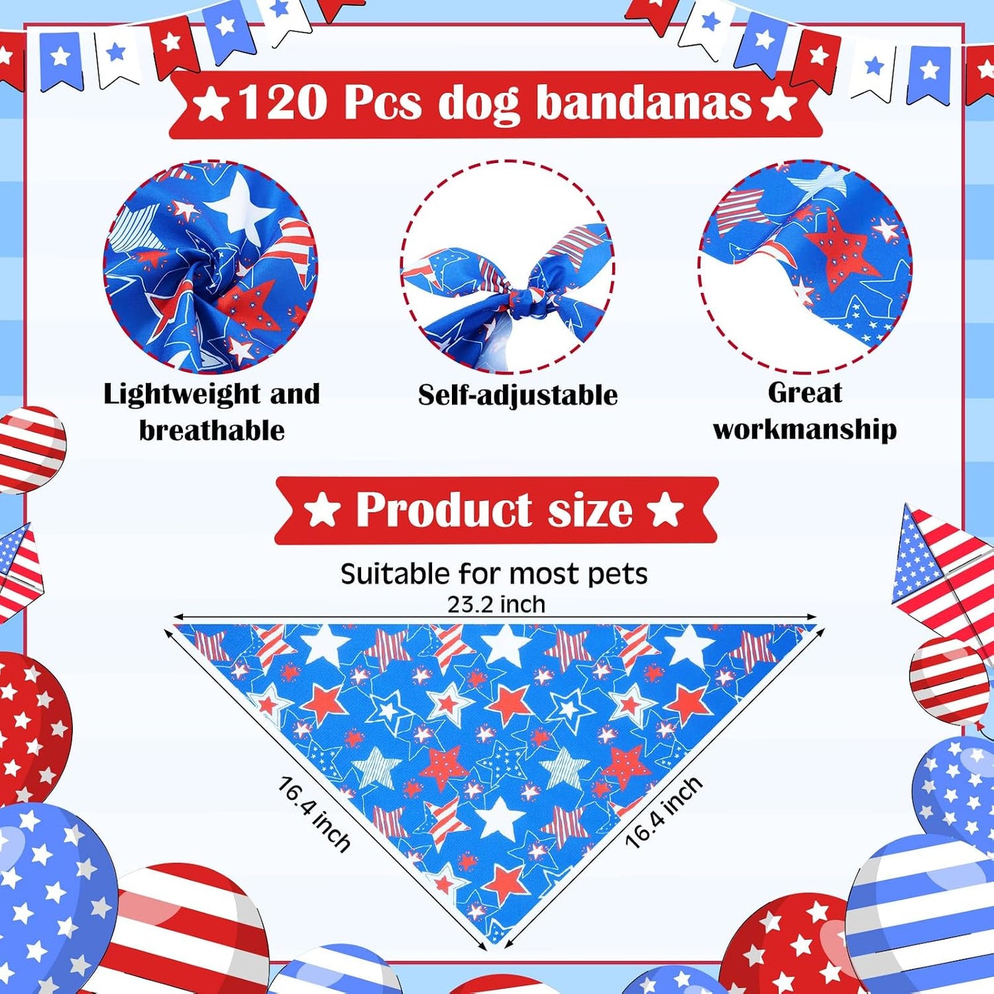120 Bandanas Patrióticas para Perros 4 de Julio 30 Estilos