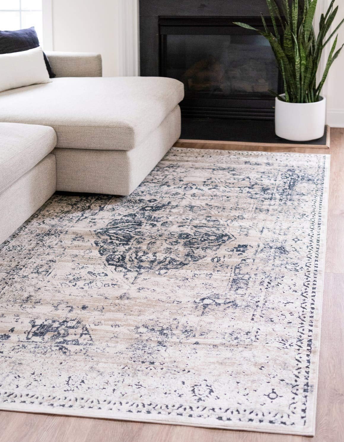 Alfombra rectangular 8x10ft color azul oscuro/beige