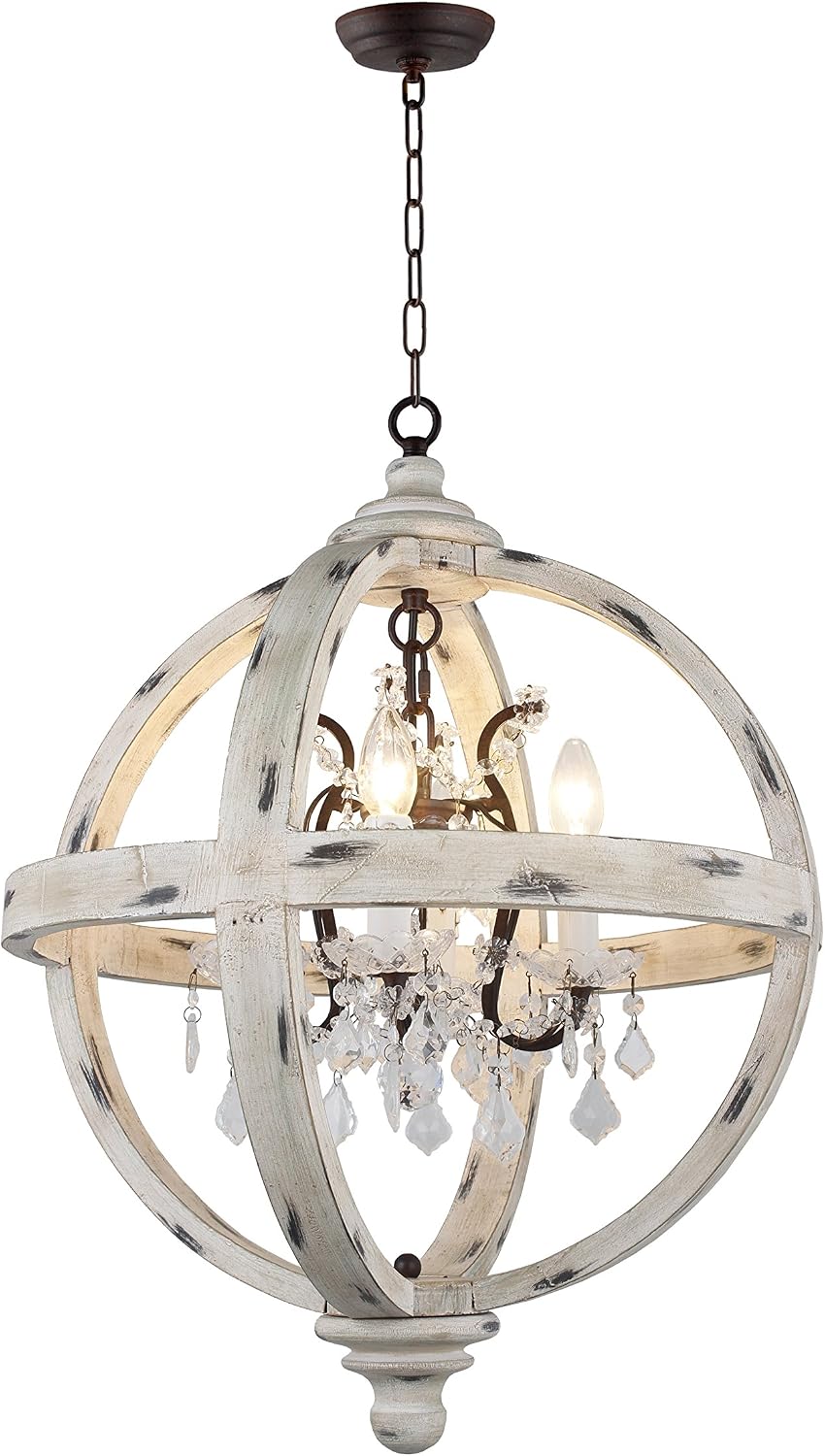 Candelabro 4 luces estilo globo cristal madera blanca