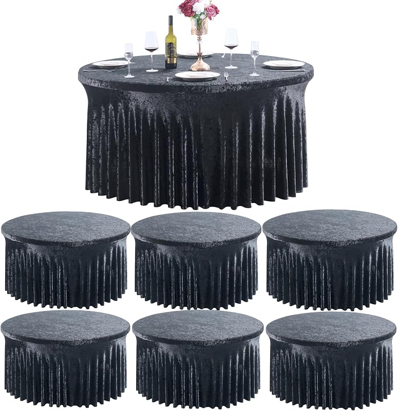 6 Pzas Manteles Redondos 60pulg Velboa Elástico Negro