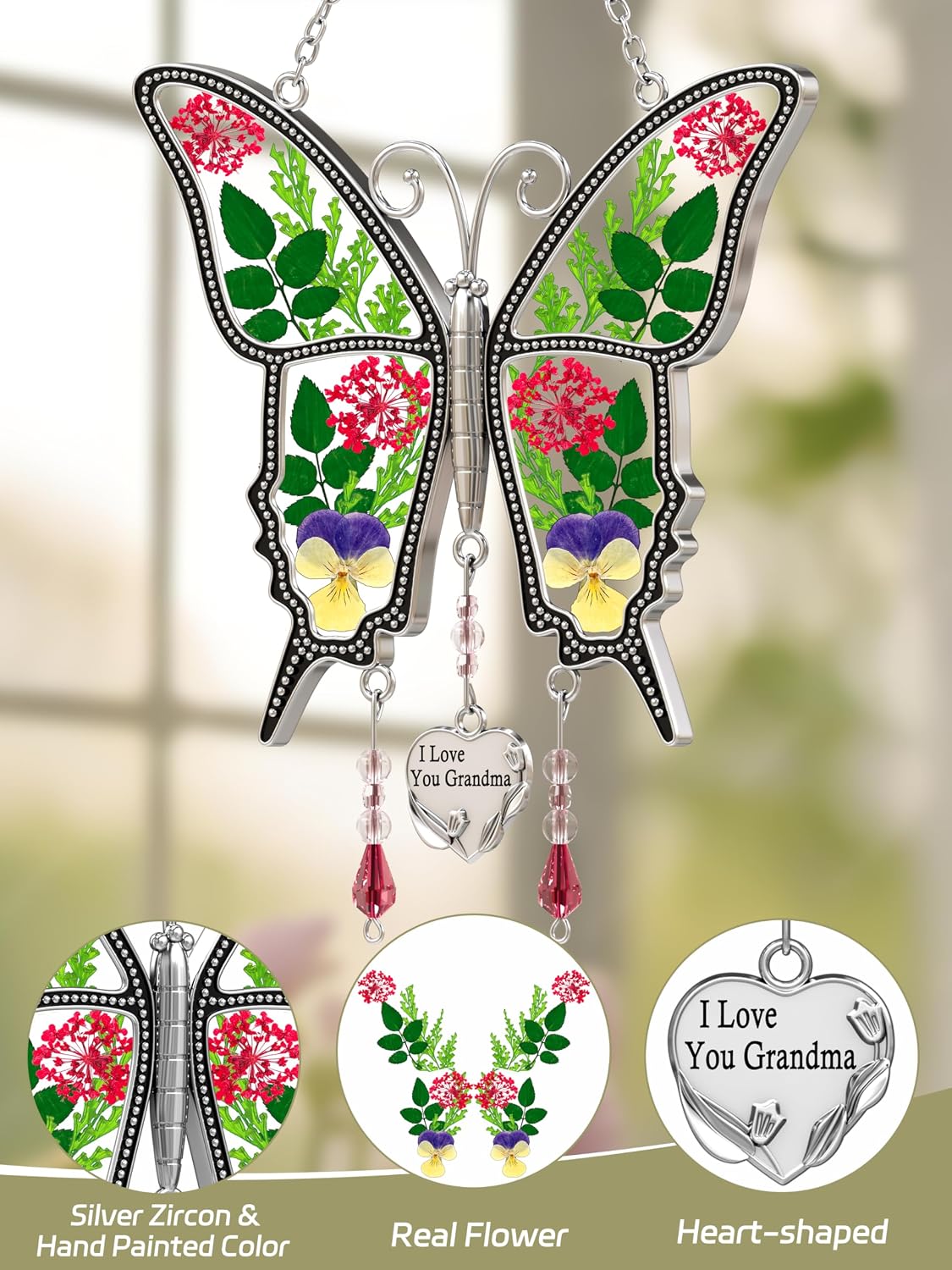 Atrapasoles mariposa I Love You con flor y corazón metal