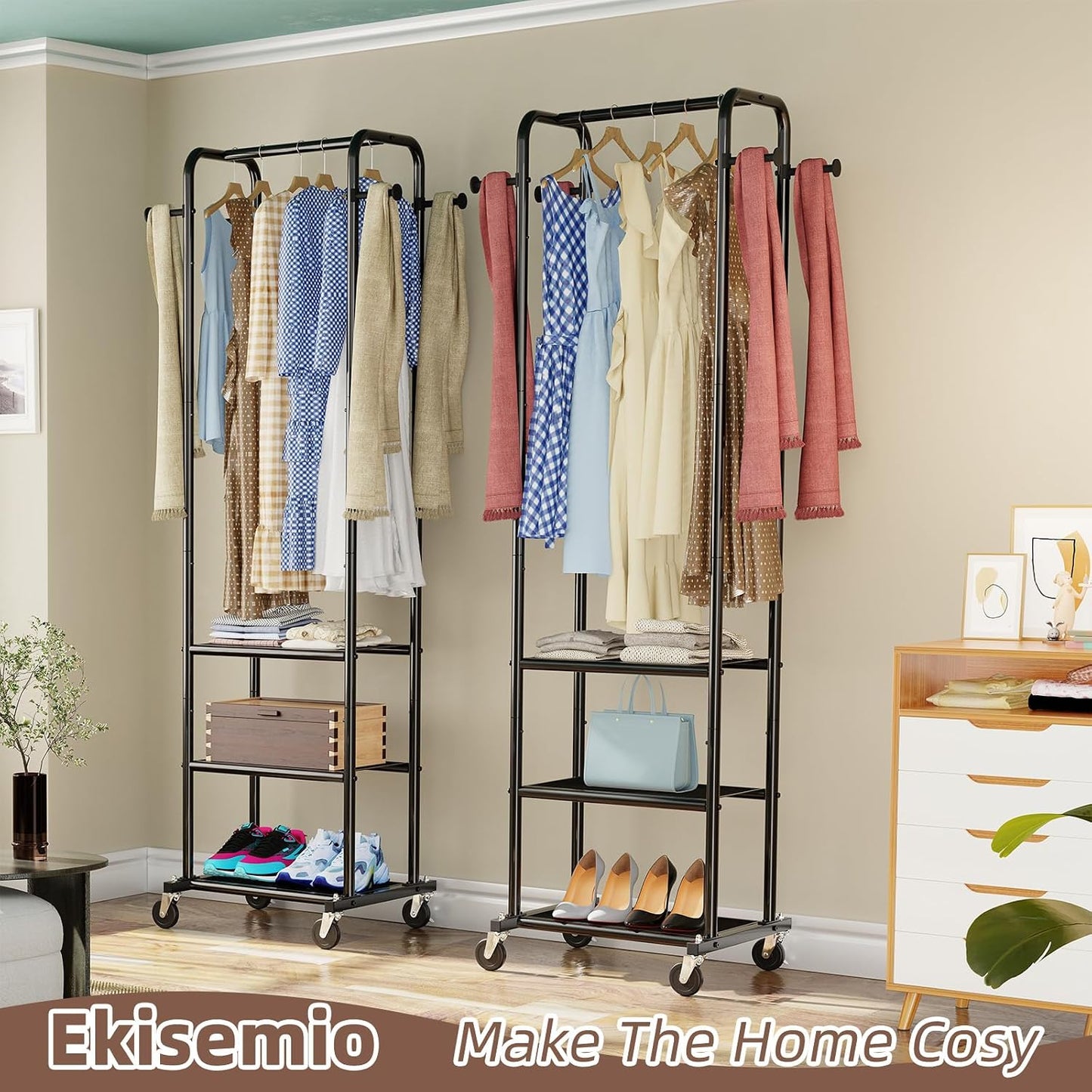 Perchero ropa con ruedas 3 estantes metal color negro