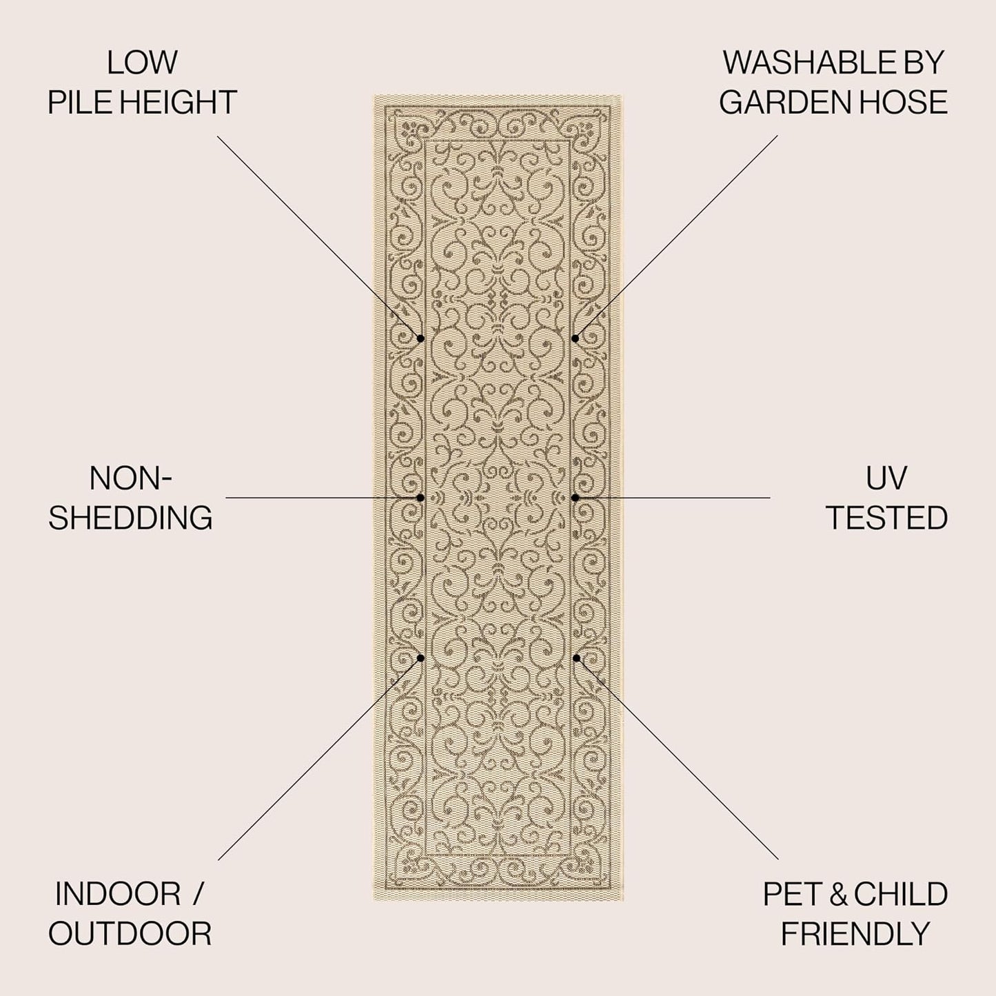 Alfombra pasillo vintage filigrana 2x8ft beige/marrón