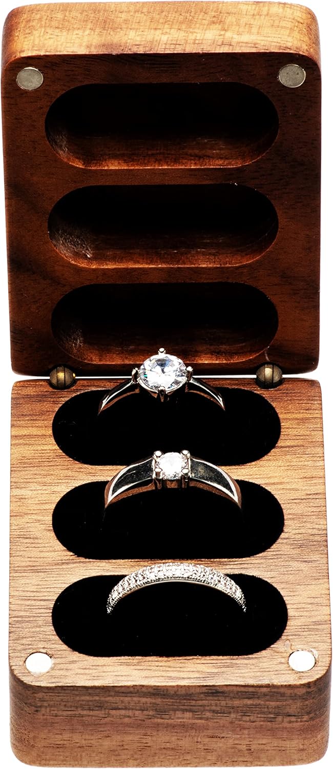 Caja madera nogal soporte anillos boda interior negro