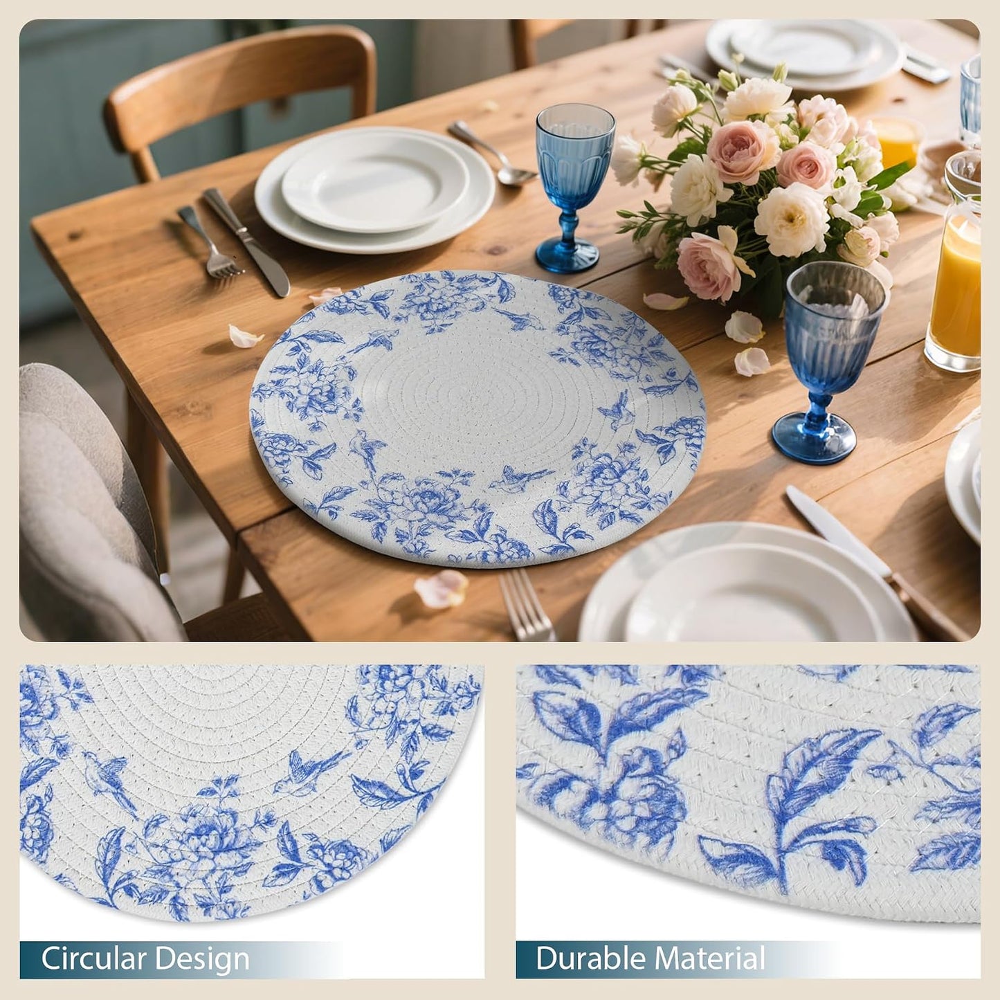 6 Manteles Chinoiserie 12pulg Azul Blanco Antideslizantes