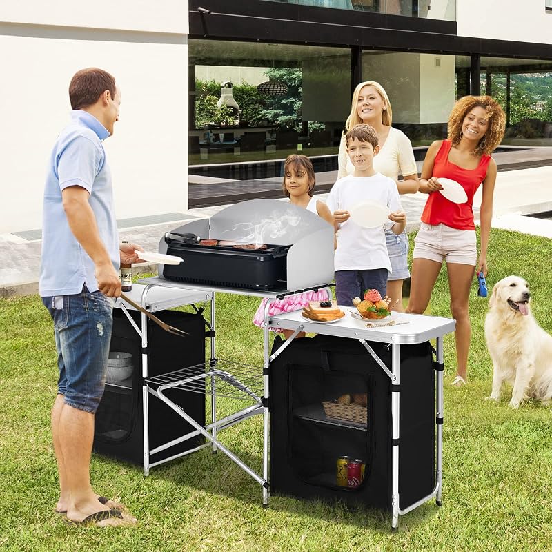Mesa cocina plegable aluminio para acampar con parabrisas