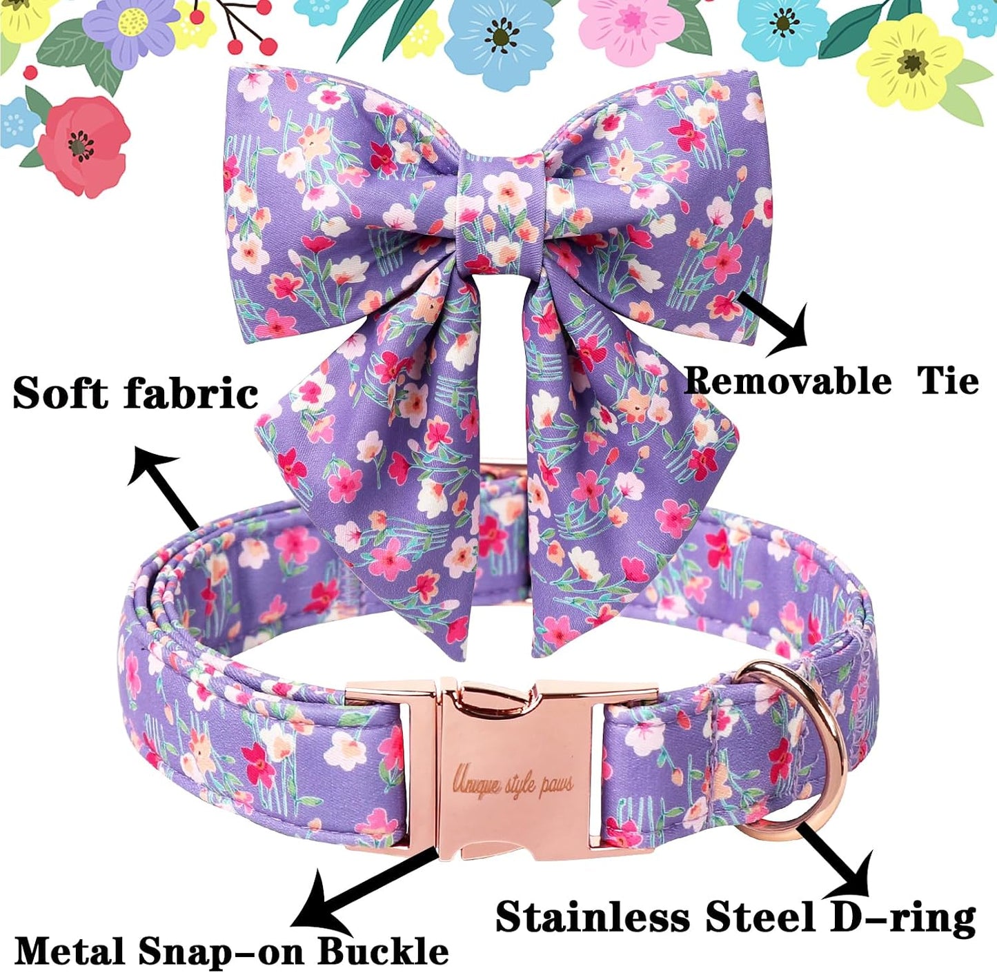 Collar perro dibujos animados con corbatín flores múltiples