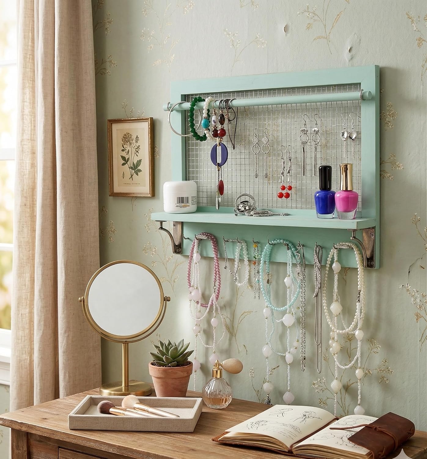 Organiz. joyas madera con ganchos y barra para colgar