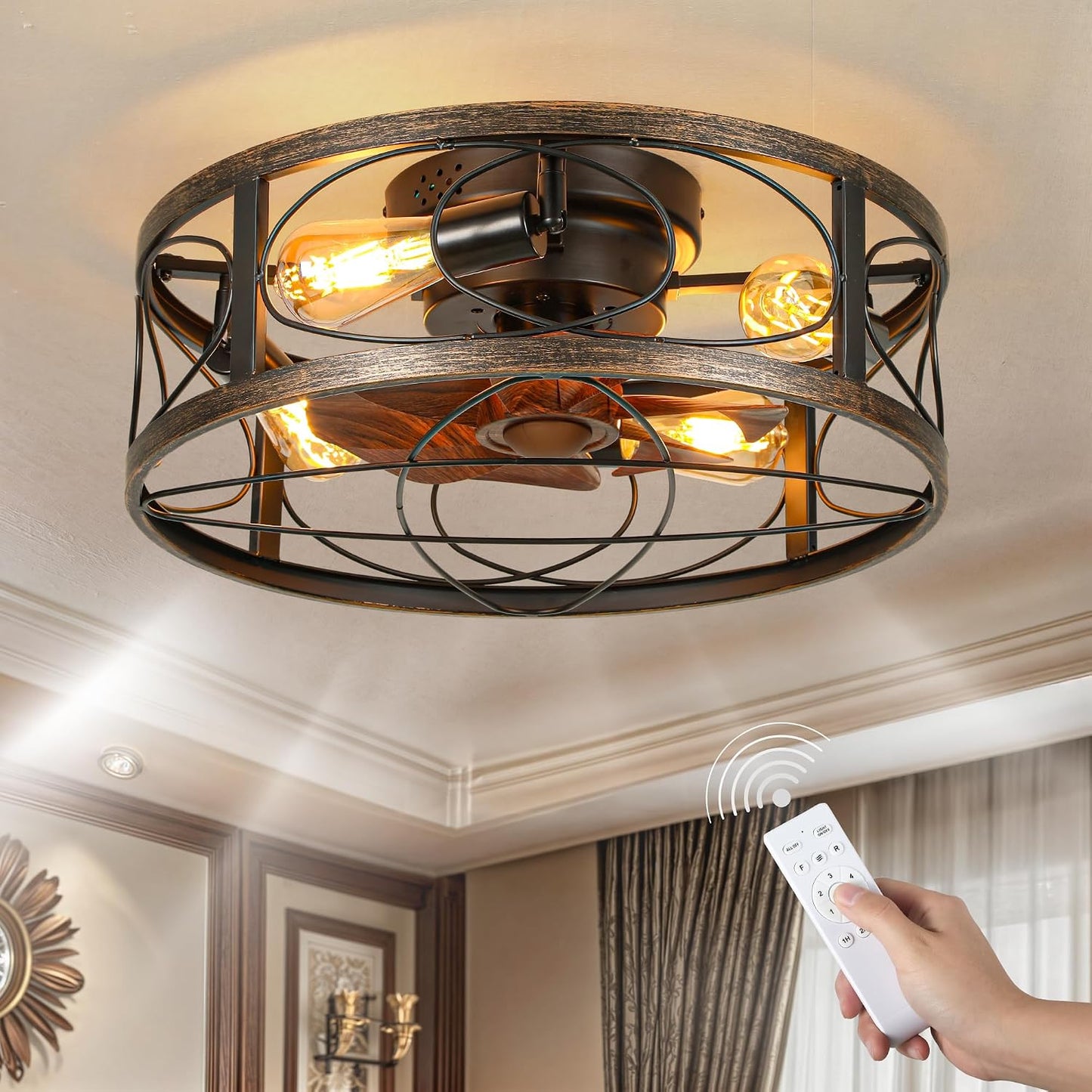 Ventilador techo enjaulado 20pulg luces 6 velocidades