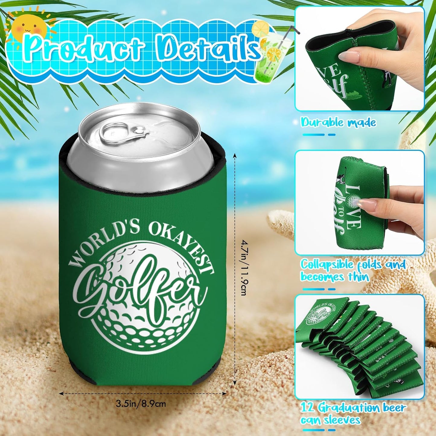 12 Fundas Neopreno Latas Golf 12oz para Boda Cumpleaños