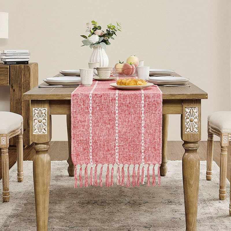 Camino mesa trenzado rayado rojo 15x48pulg decoración boho