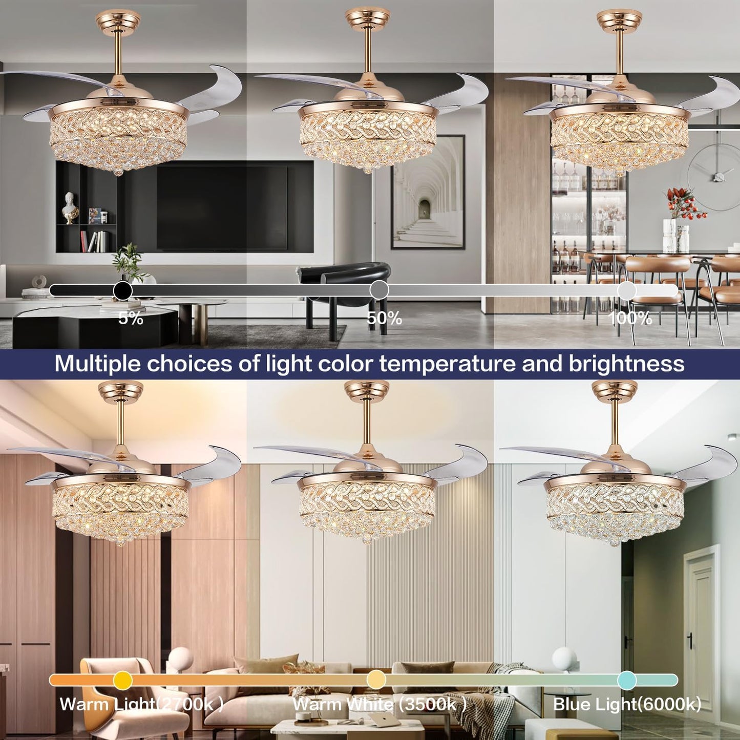 Candelabro dorado 52pulg ventilador techo cristal