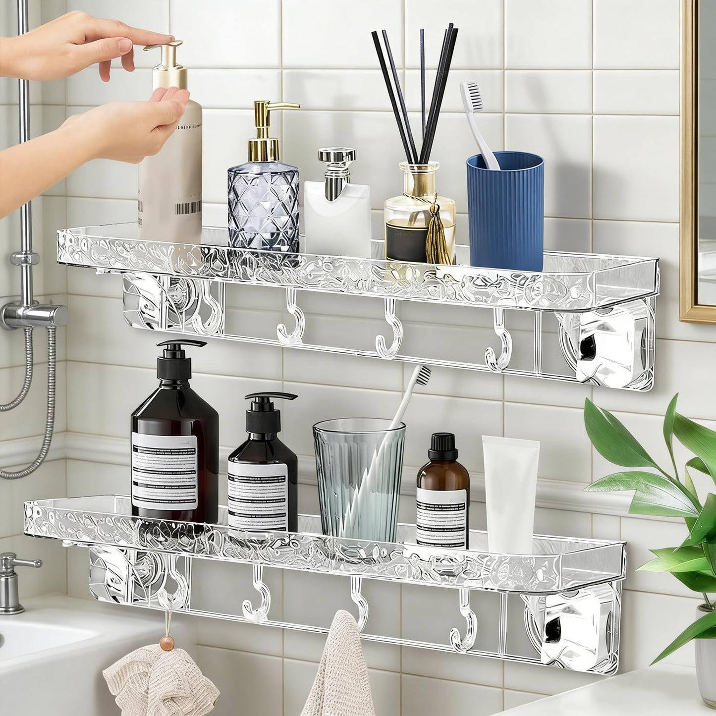 Organiz. ducha adhesivo acrílico sin perforar con ganchos