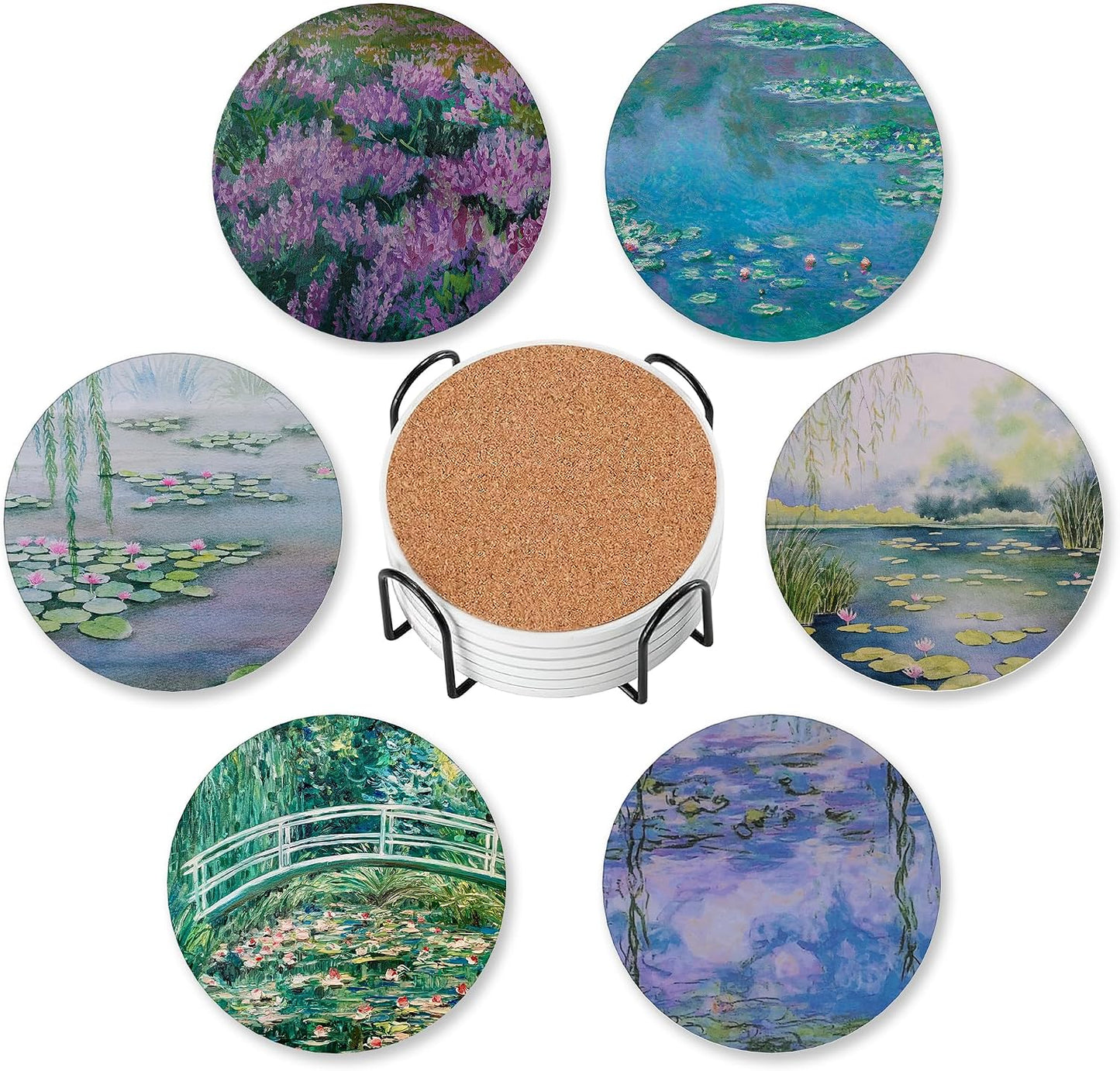6 Pzas Posavasos Lirios con Base Corcho y Soporte Metal