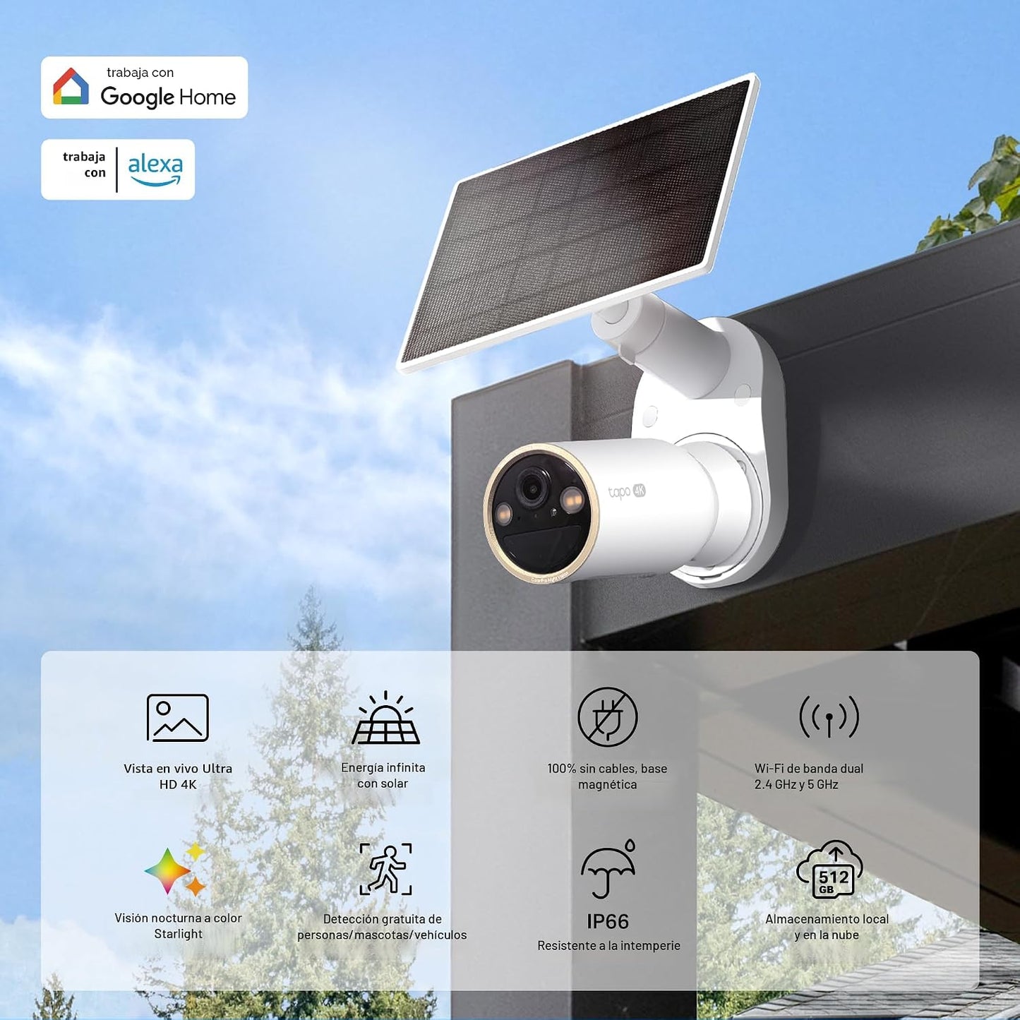 Cámara inalámbrica 4K con panel solar y visión nocturna