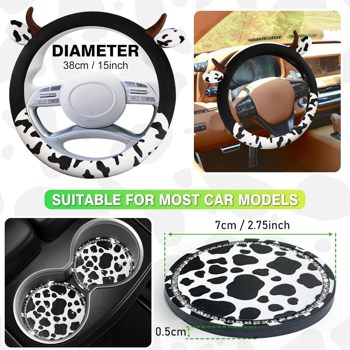 Funda volante estampado vaca peluda 2 portavasos negro