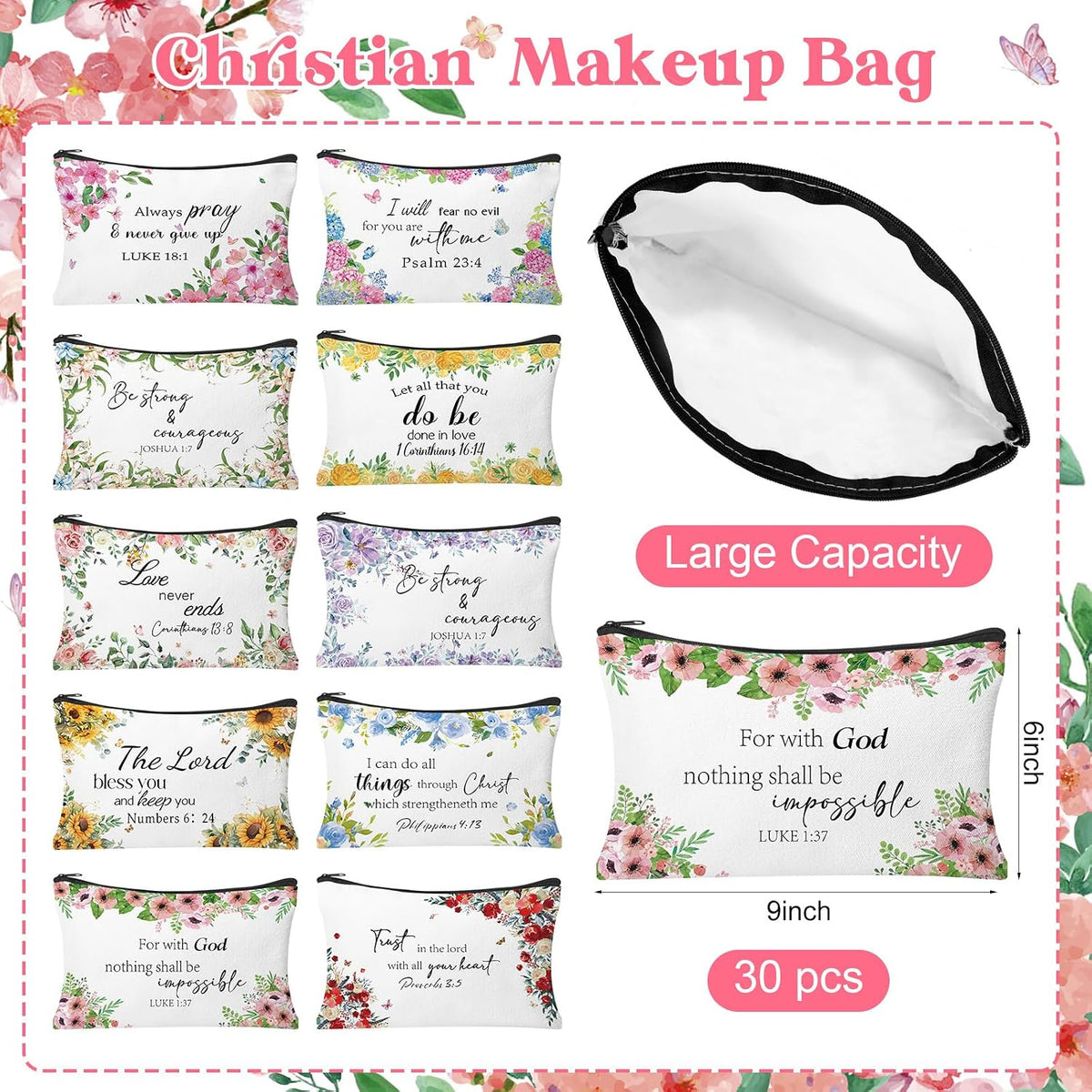 30 Bolsas Maquillaje con Versículos Bíblicos