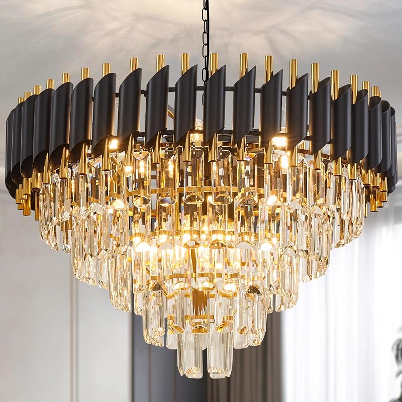 Candelabro cristal 10 luces 24" negro y dorado comedor