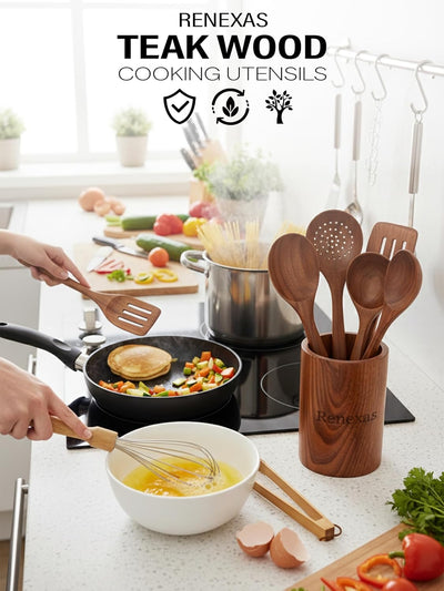 Set 9 Utensilios Cocina Madera Teca Antiadherente