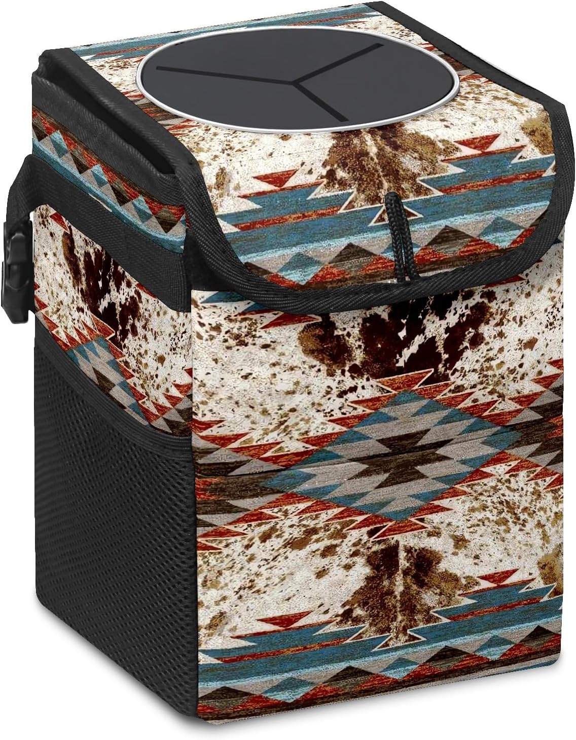 Basurero auto tapa plegable estampado vaca azteca