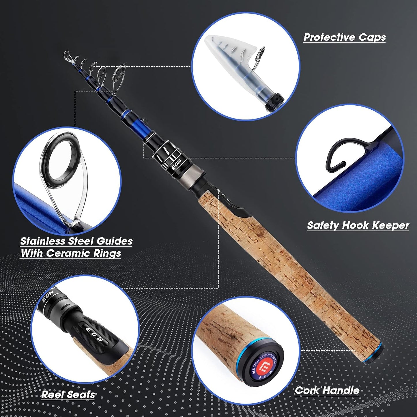 Cañas pescar telescópicas spinning 24T carbono corcho