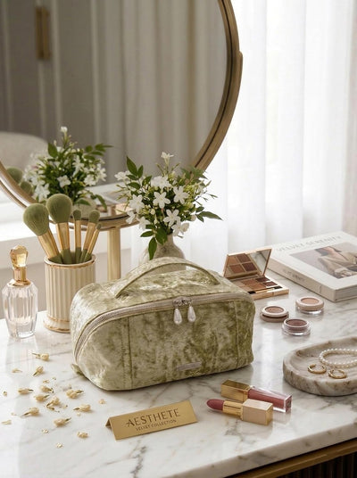 Bolsa maquillaje viaje terciopelo para mujer con divisor y asa