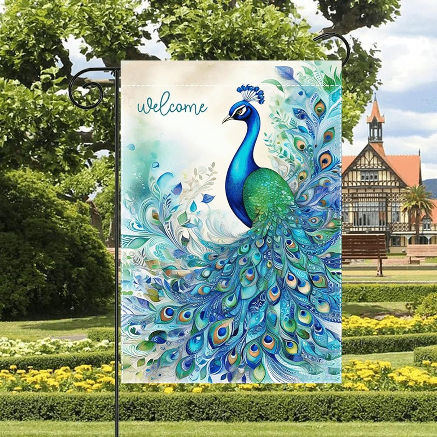 Bandera bienvenida doble cara 12x18" exterior azul