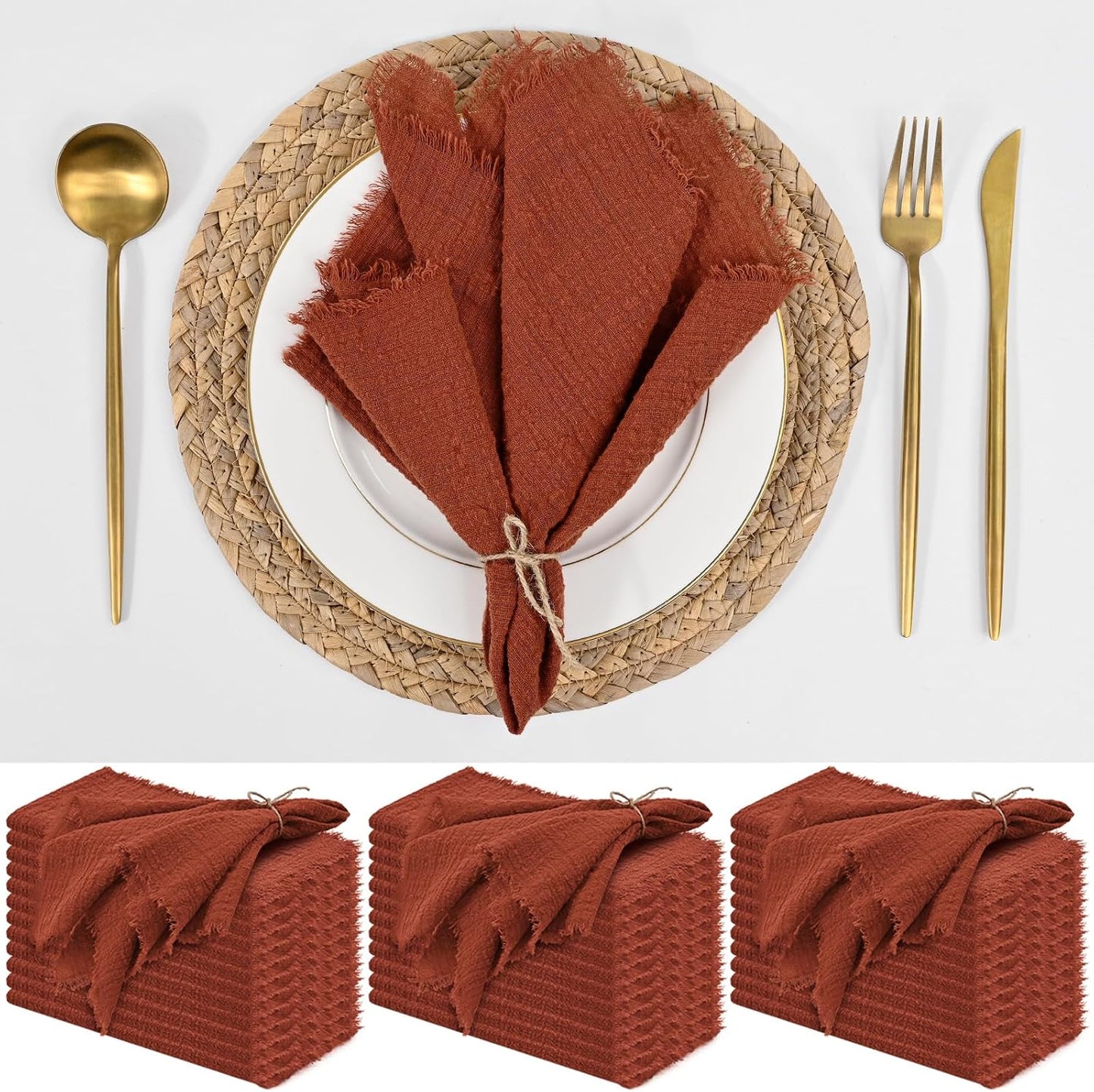 36 Servilletas Lino Terracota 16x16pulg Rústicas Bohemias