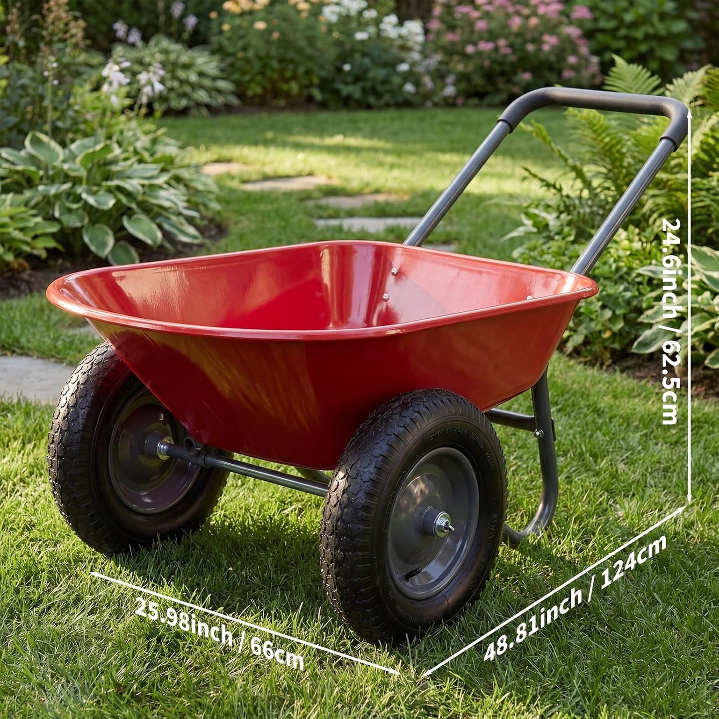 Carretilla jardín hogar doble rueda soporte integrado rojo