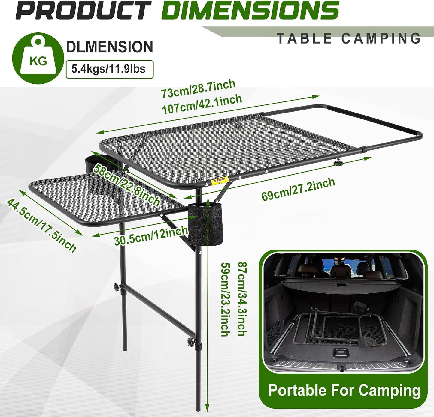 Mesa plegable neumáticos campamento con 2 portavasos