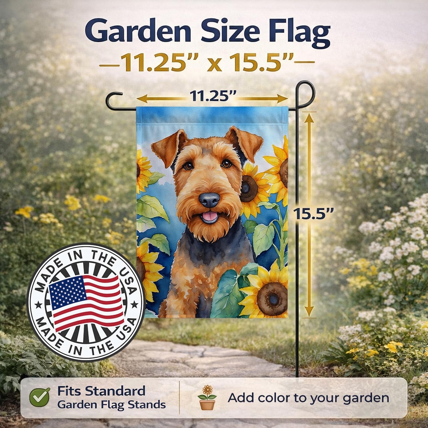 Bandera jardín girasoles Airedale Terrier multicolor