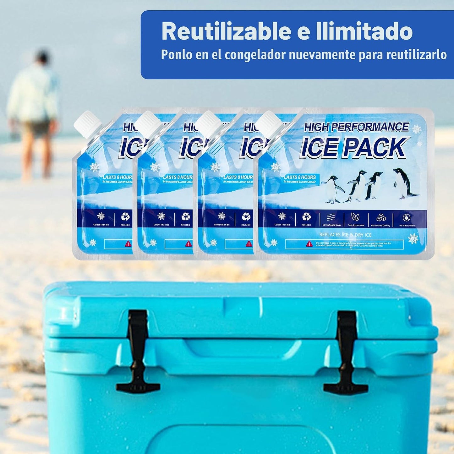 4 Pzas Bolsas Hielo Reutilizables para Cooler y Camping