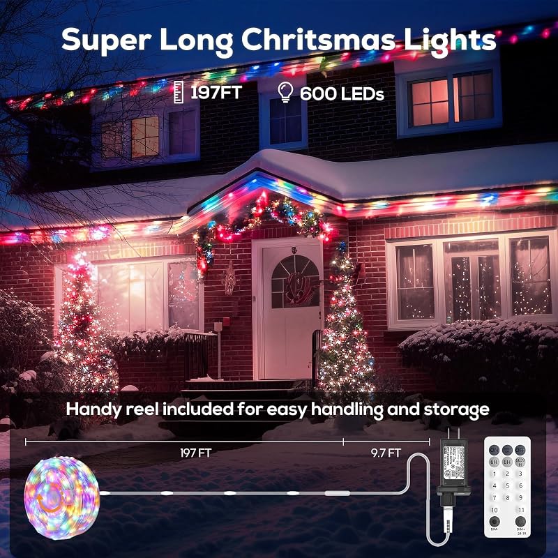 Luces Navidad exterior 600 LED 206ft impermeables 8 modos