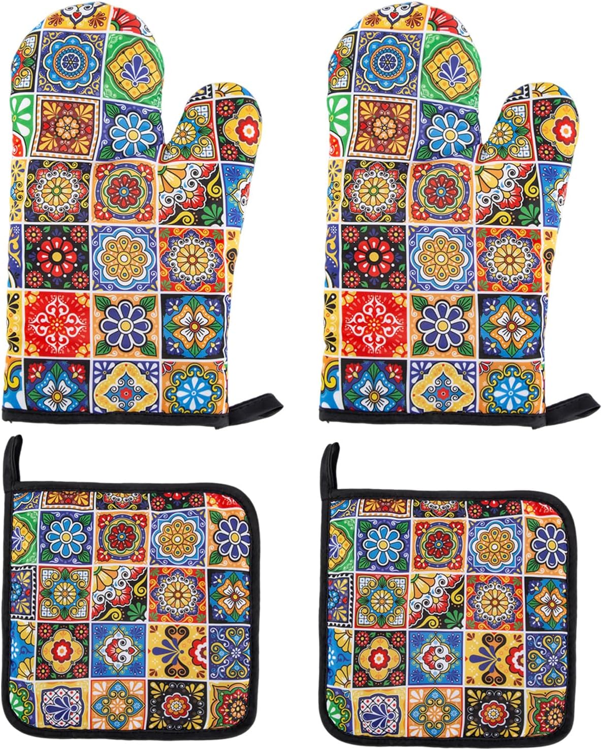 Set 4 manoplas hornear estilo Talavera resistente calor