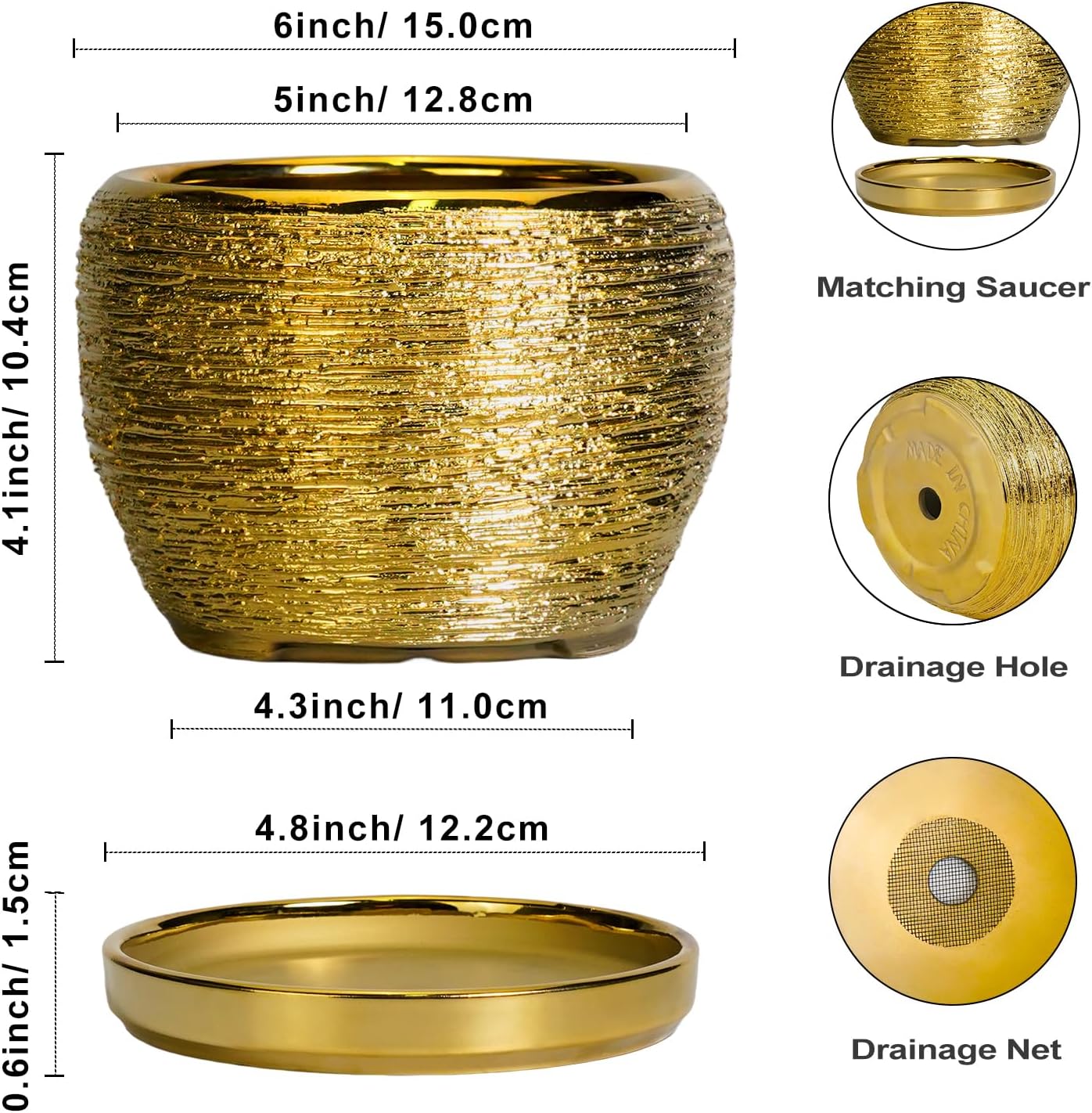 Maceta cerámica 6" redonda drenaje decoración hogar dorado