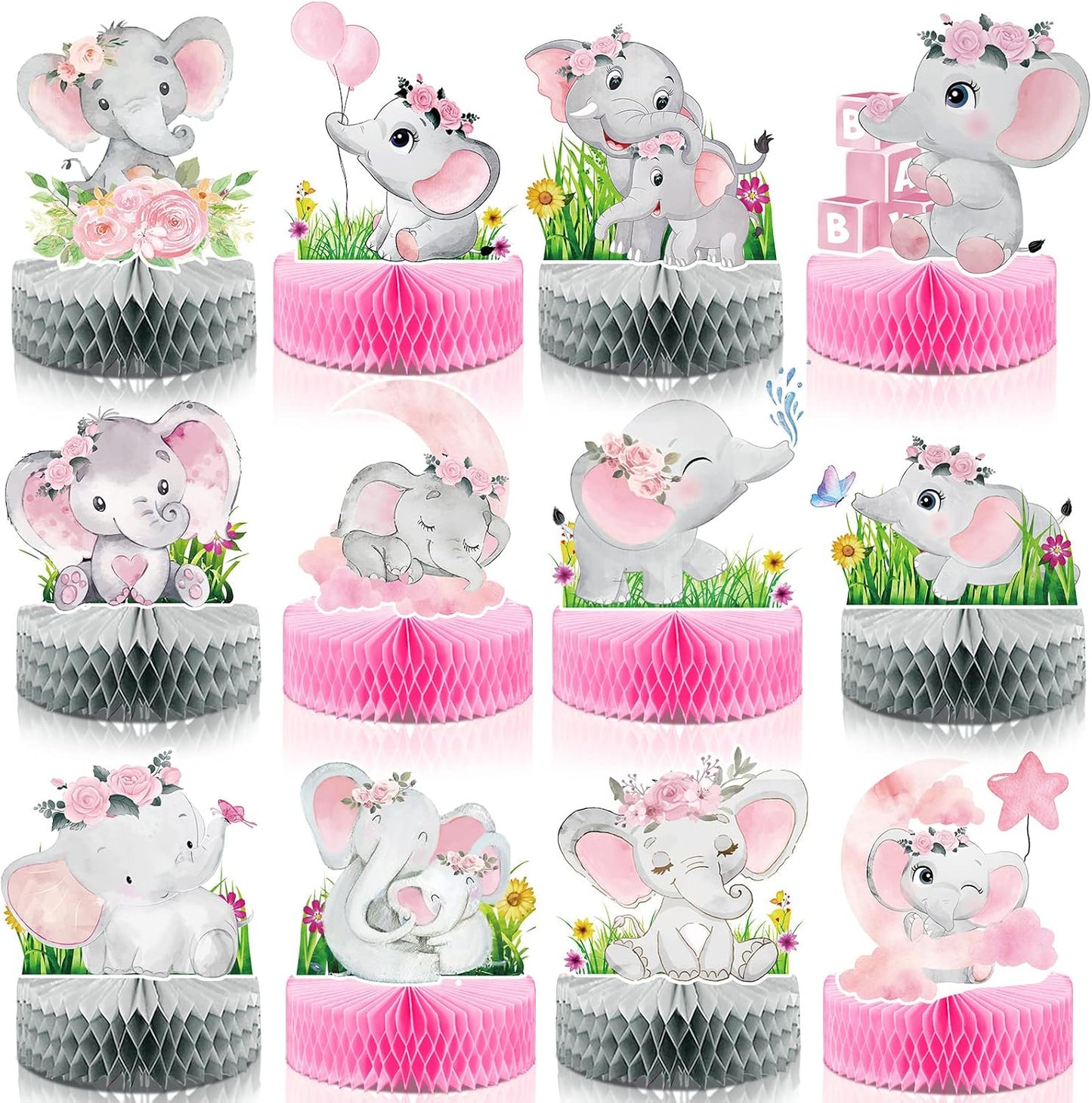 12 Centros Mesa Nido Abeja Elefante Rosa Baby Shower Fiesta