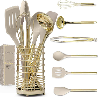 Set 7 Pzas Utensilios Cocina Beige Dorado Silicona Acero Inox
