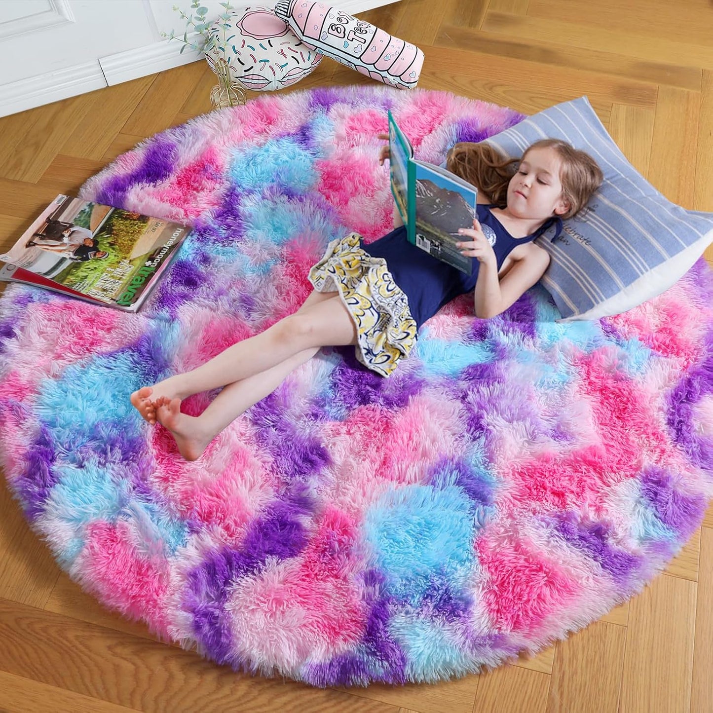 Alfombra redonda arcoíris rosa 4ft para dormitorio niña