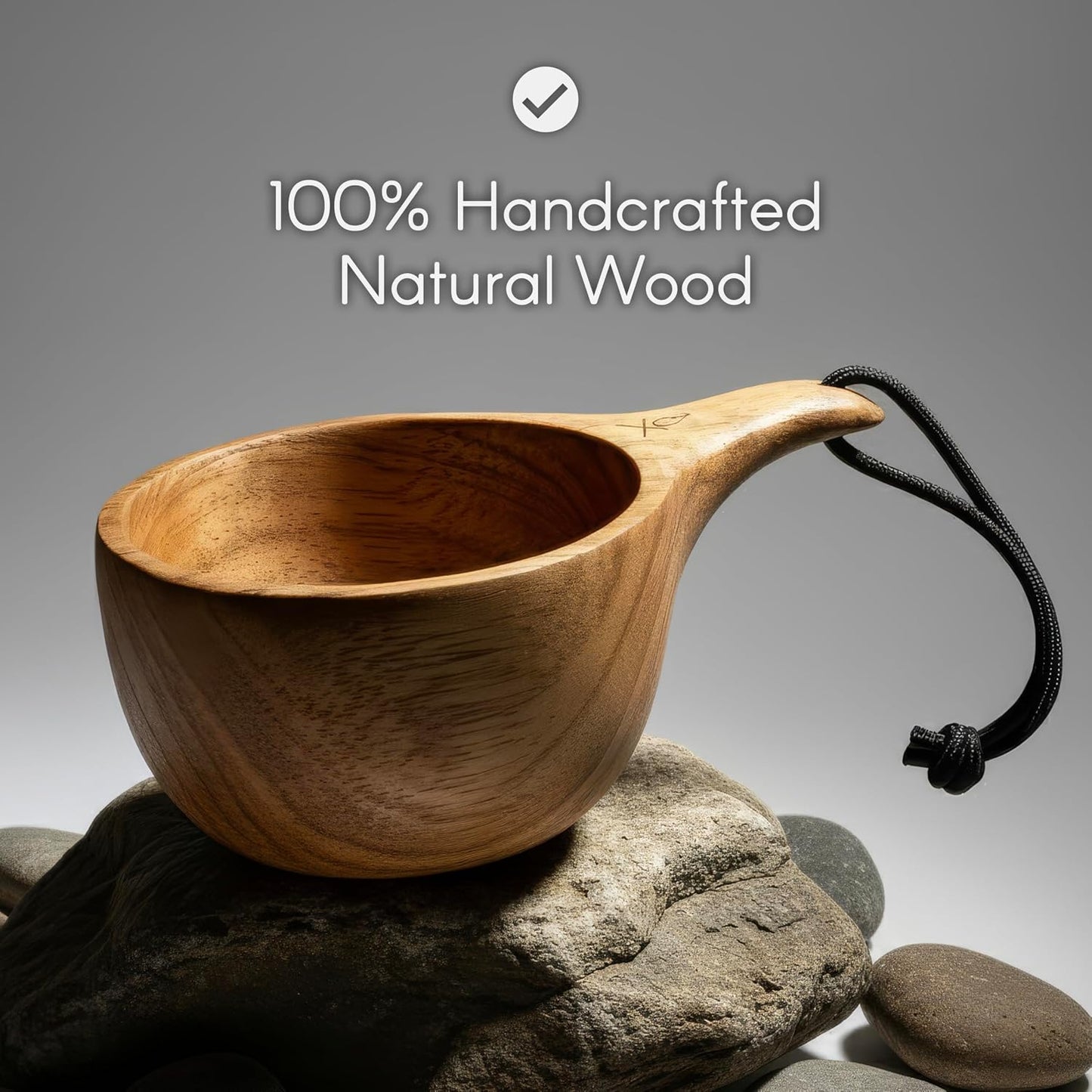 Taza madera 12oz tallada a mano con cordón camping