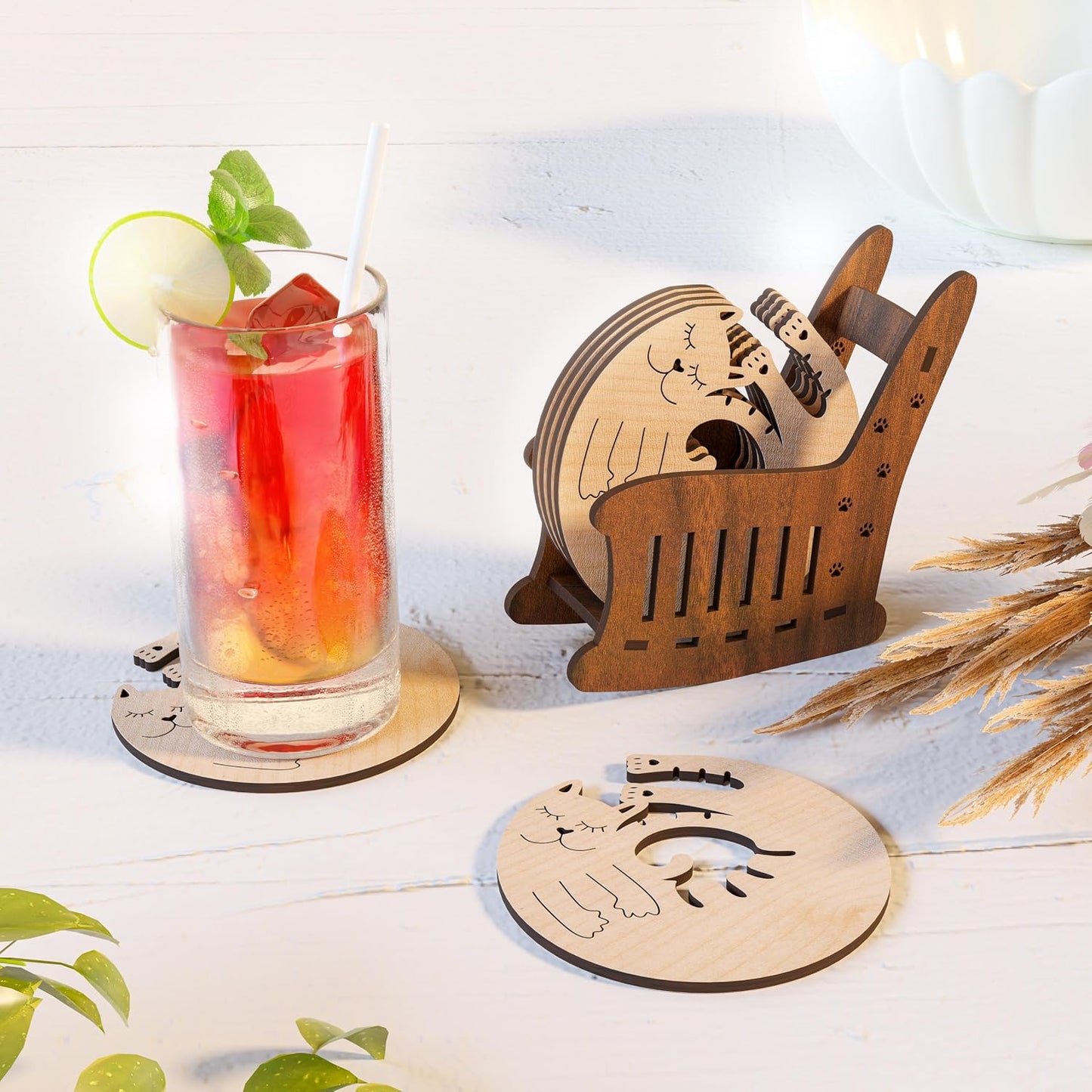 6 Pzas posavasos madera tema gato decoración mesa