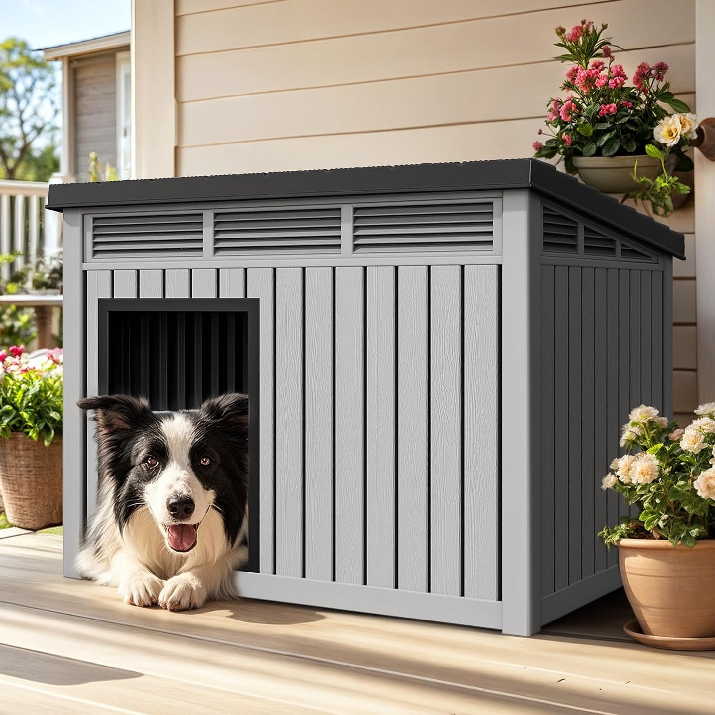 Casa plástico perros techo elevable impermeable gris
